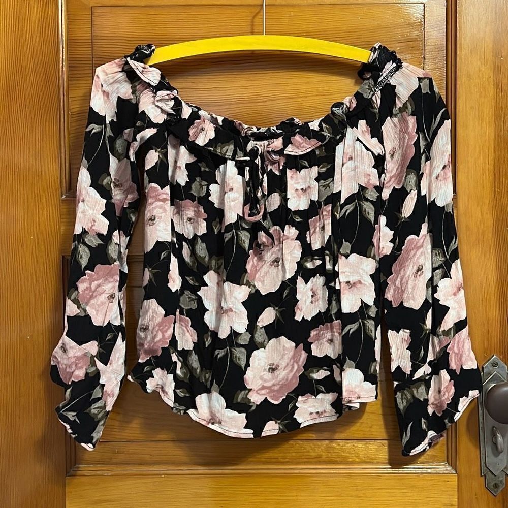 American Eagle Pink Black Floral Viscose Coquette Crop Top Women’s XXS